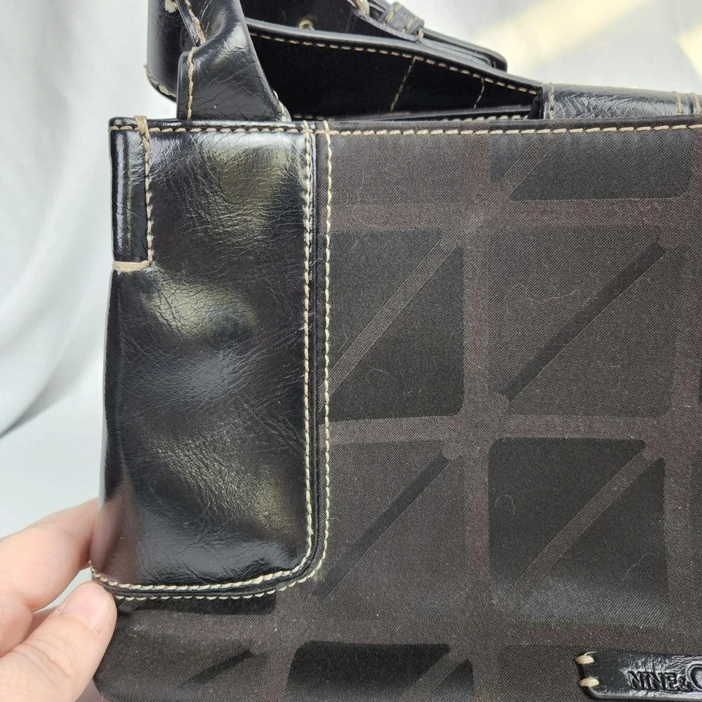 NINE & CO Black & Dark Brown Shoulderbag Print Cotton Faux Leather‎ tote buckle
